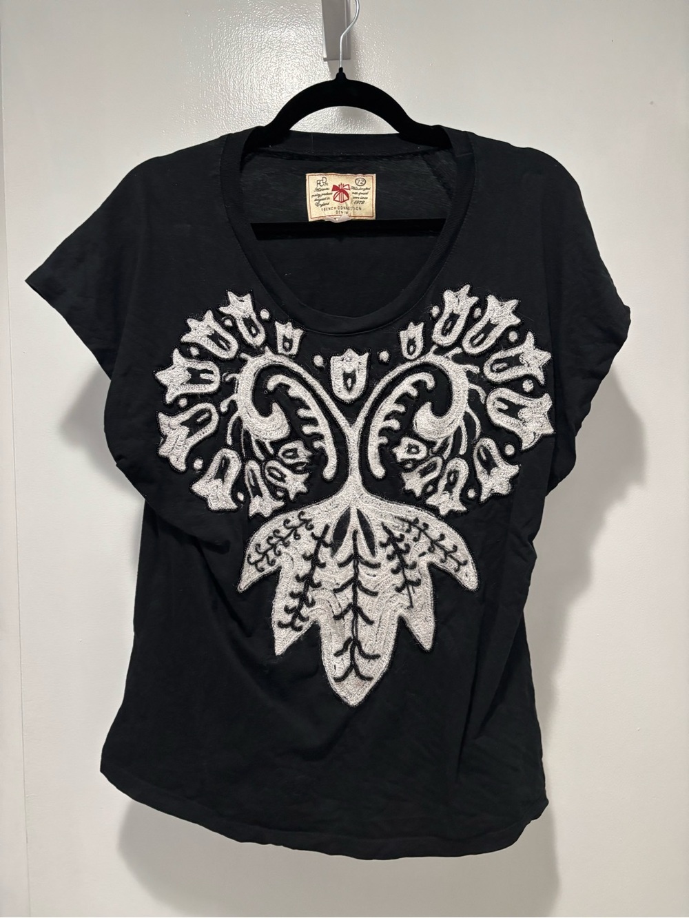 French Connection Black Short-Sleeve Tee with White Embroidered Appliqué
